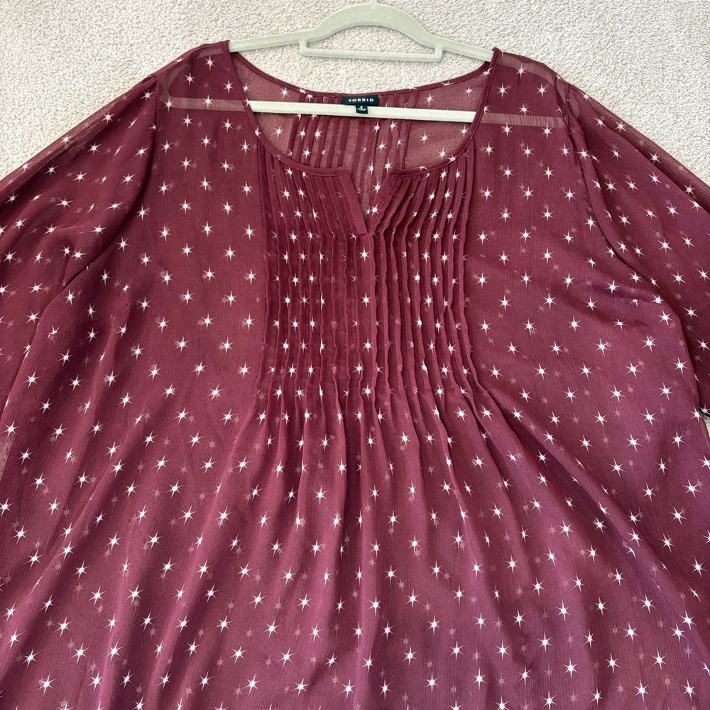 Torrid Pintuck Chiffon Burgundy Dot Star Peasant Sheer Blouse Women Plus Size 4 - Picture 13 of 17